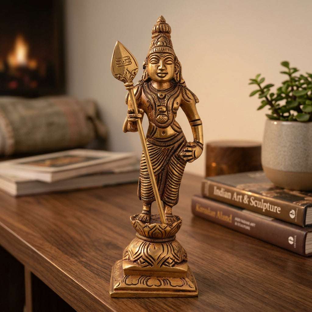 Brass Lord Murugan standing figurine holding Vel on a carved decorative pedestal, 15 cm tall.-artycraftz.com