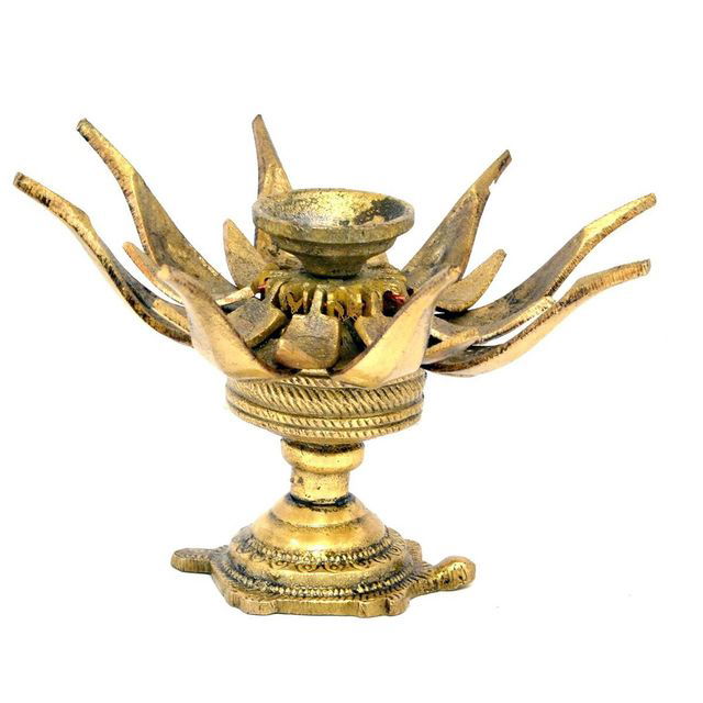 Brass Lotus Engraved Buddha Over Turtle Candle Brass Oil Lamp Diya - ArtyCraftz.com