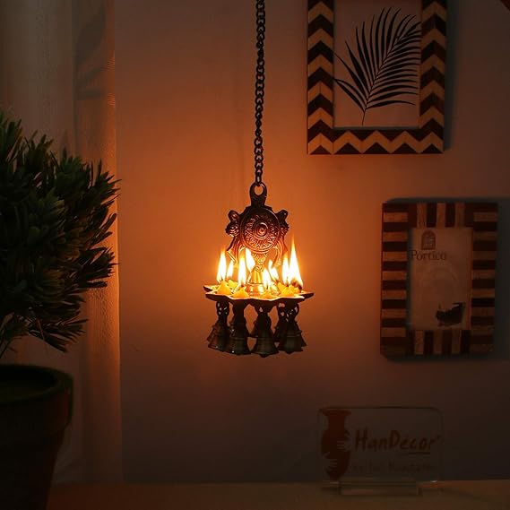 Brass Made Chakra Symbol Hanging Diya With Bells