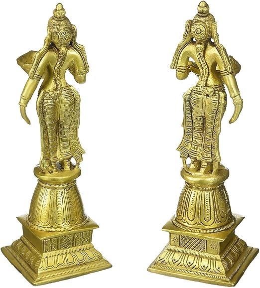 Brass Metal Oil Lamp Deep Lady with Standing Statue of Pair