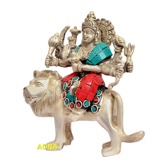 Brass Mother Durga in Silver Hues Statue-ArtyCraftz.com