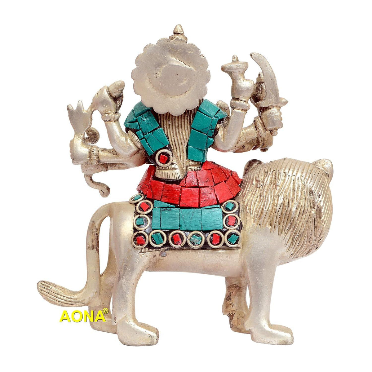 Brass Mother Durga in Silver Hues Statue-ArtyCraftz.com