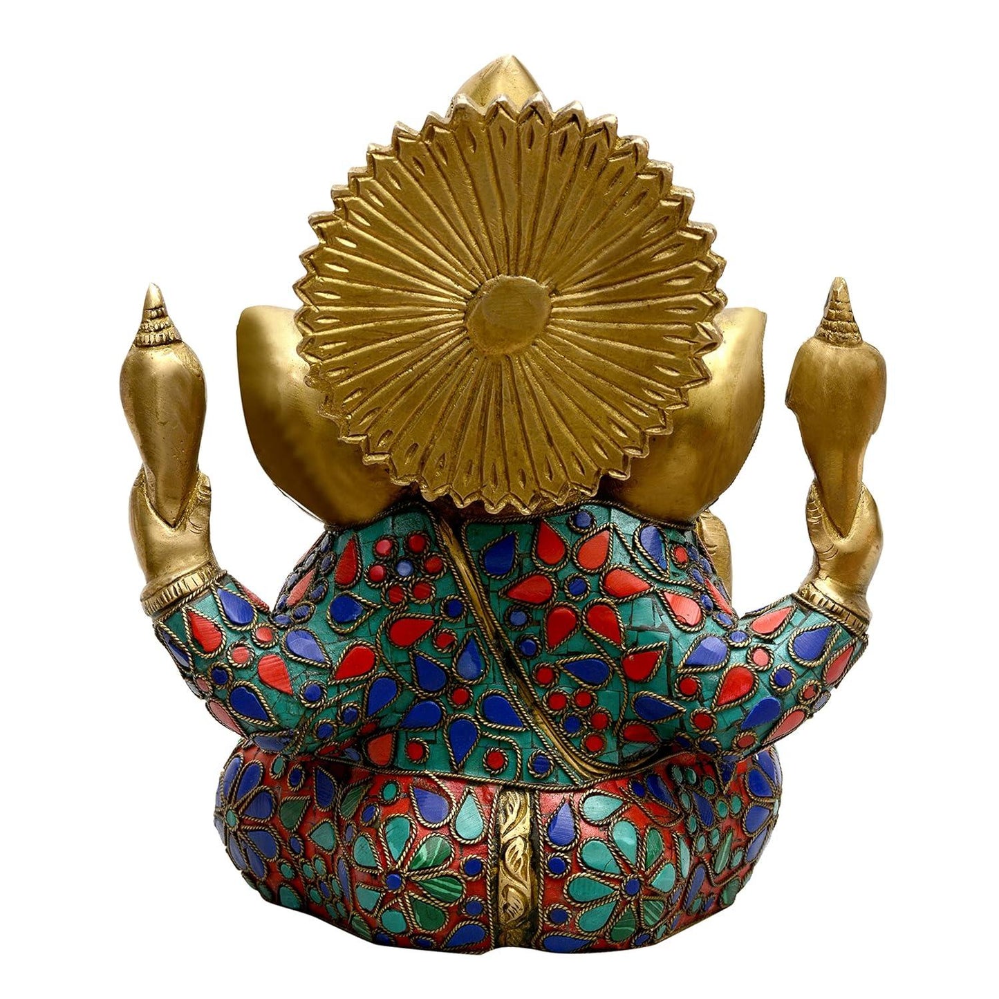 Handcrafted 9-inch solid brass Ganesha idol — full body turquoise, coral red and lapis blue stone inlay with floral and paisley motifs on ears, body and dhoti, gold face and crown — ArtyCraftz