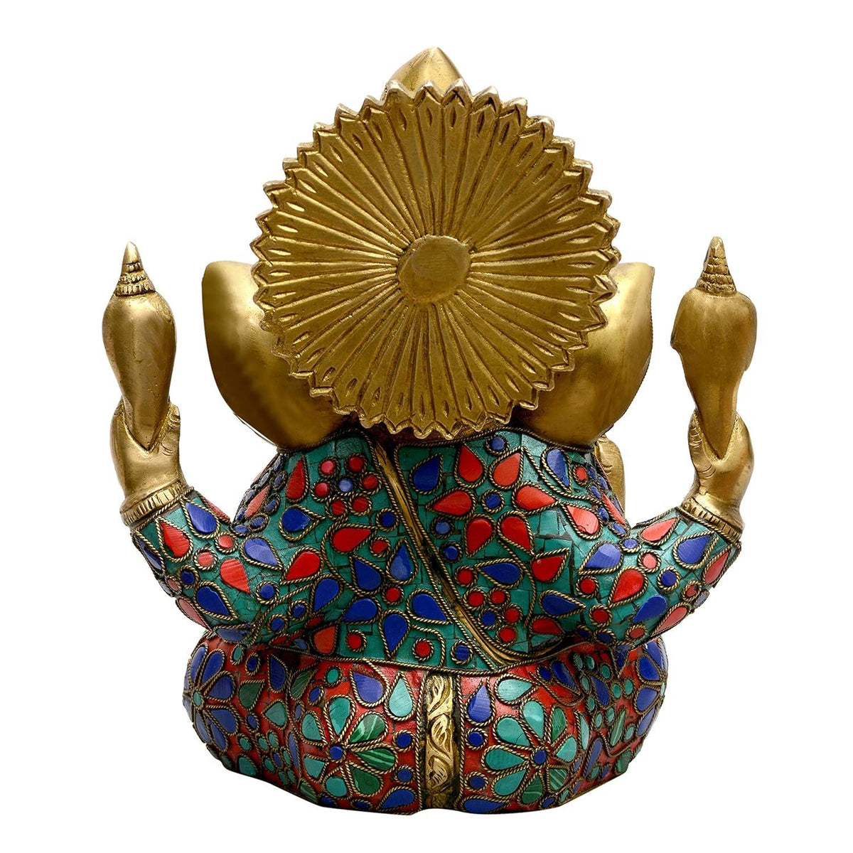 Handcrafted 9-inch solid brass Ganesha idol — full body turquoise, coral red and lapis blue stone inlay with floral and paisley motifs on ears, body and dhoti, gold face and crown — ArtyCraftz