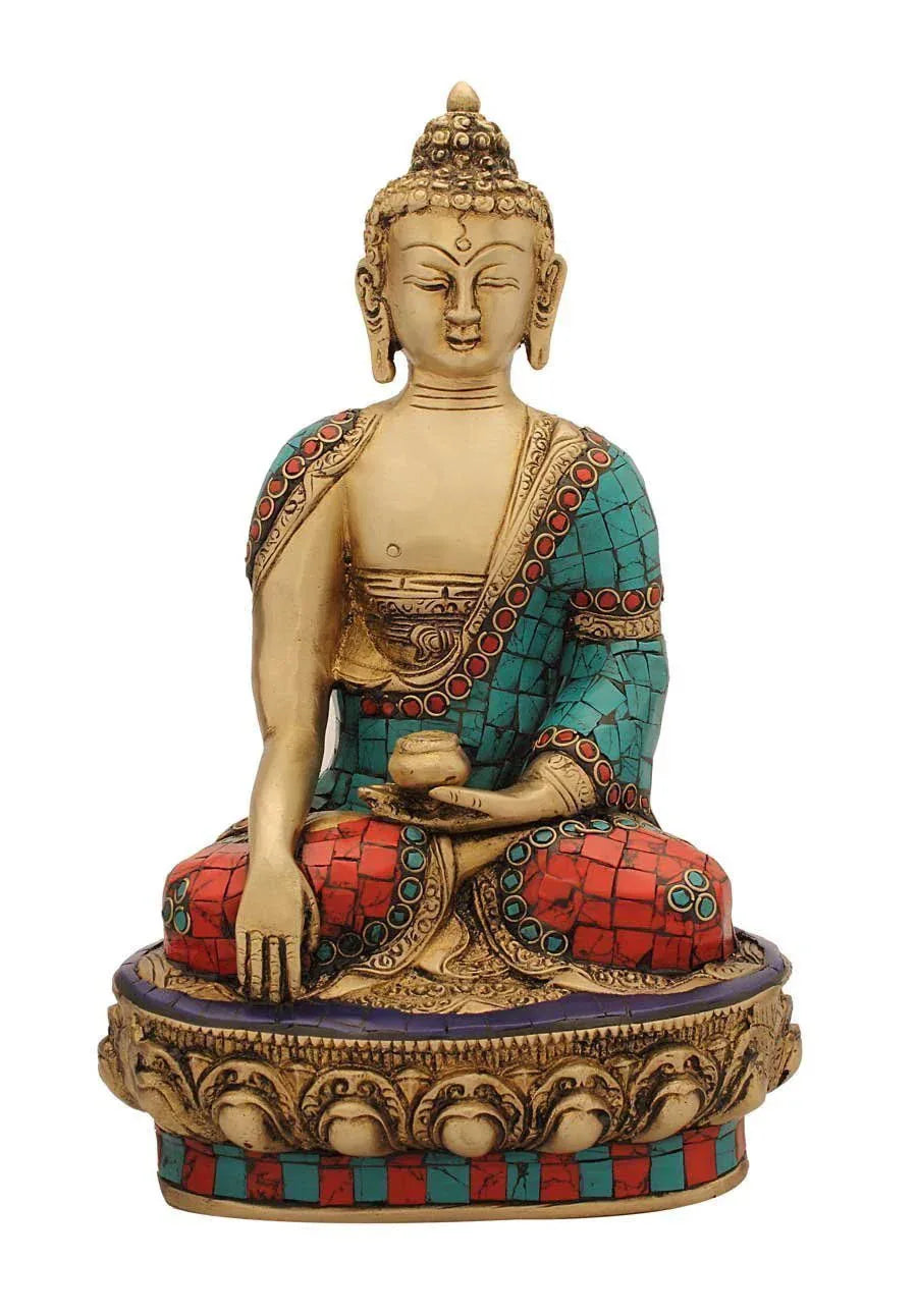 Seated Buddha brass statue with turquoise and red detailing-ArtyCraftz.com