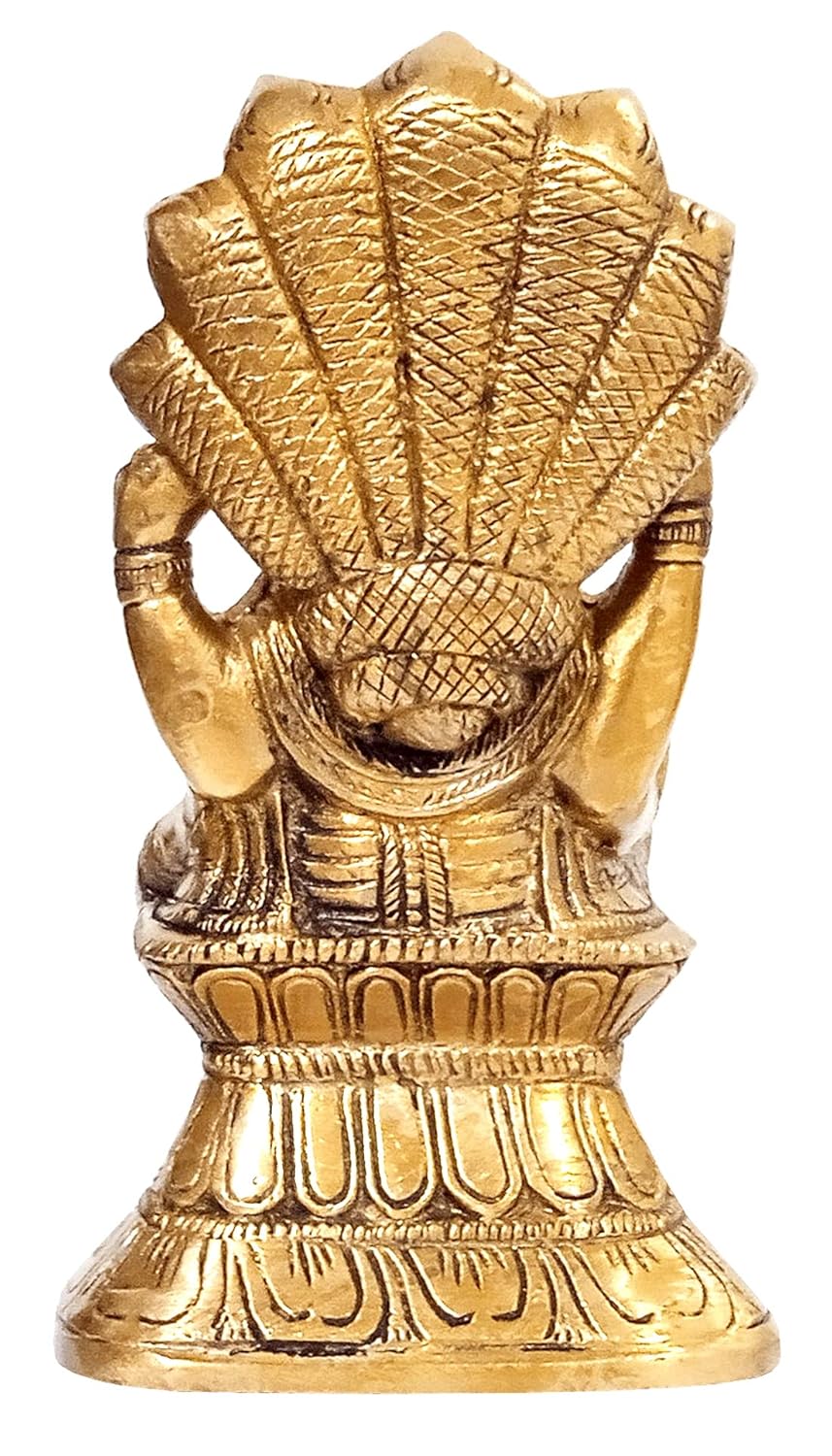 Handcrafted 5.5-inch solid brass Narasimha idol with young Prahlad devotee standing beside him, lion-man form with Sheshnag hood crown, antique gold finish — ArtyCraftz