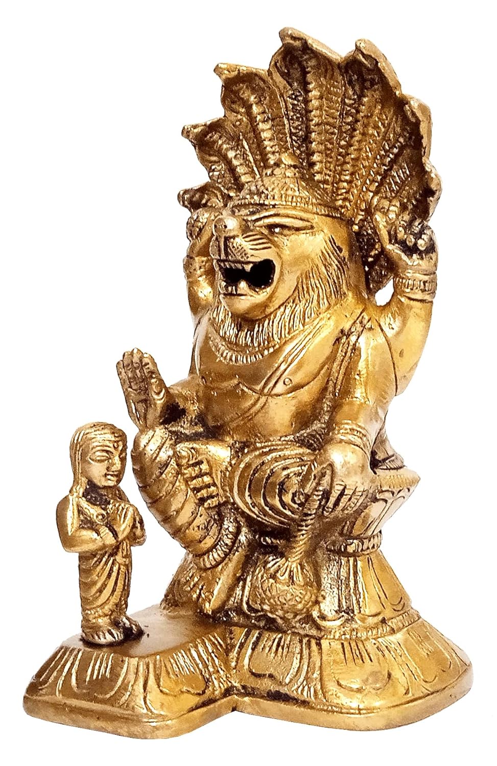 Handcrafted 5.5-inch solid brass Narasimha idol with young Prahlad devotee standing beside him, lion-man form with Sheshnag hood crown, antique gold finish — ArtyCraftz