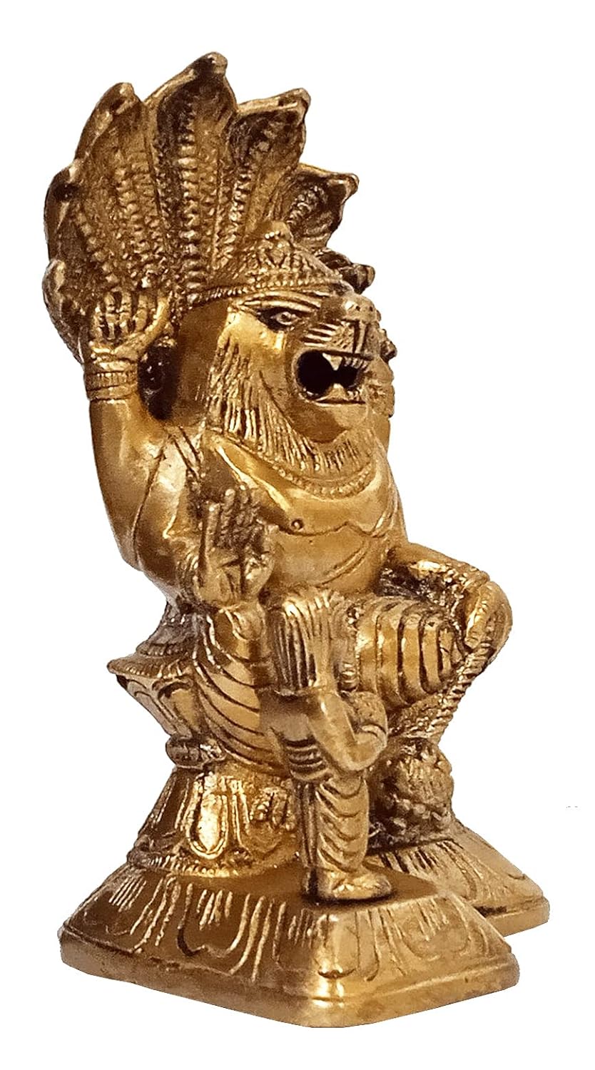 Handcrafted 5.5-inch solid brass Narasimha idol with young Prahlad devotee standing beside him, lion-man form with Sheshnag hood crown, antique gold finish — ArtyCraftz