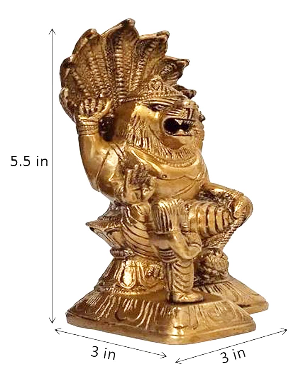 Handcrafted 5.5-inch solid brass Narasimha idol with young Prahlad devotee standing beside him, lion-man form with Sheshnag hood crown, antique gold finish — ArtyCraftz