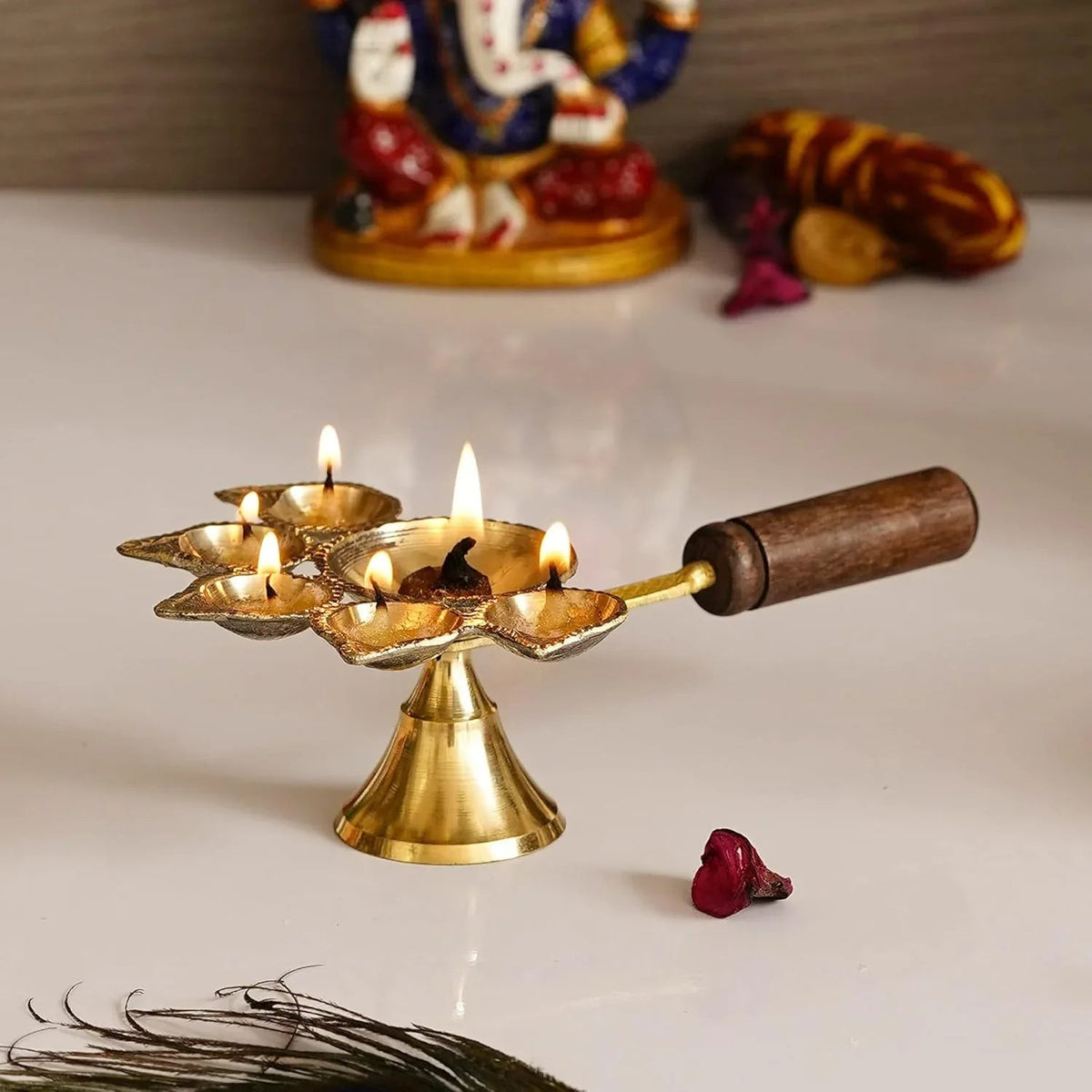 Brass Panchmukhi Aarti Diya with Wooden Handle-ArtyCraftz.com