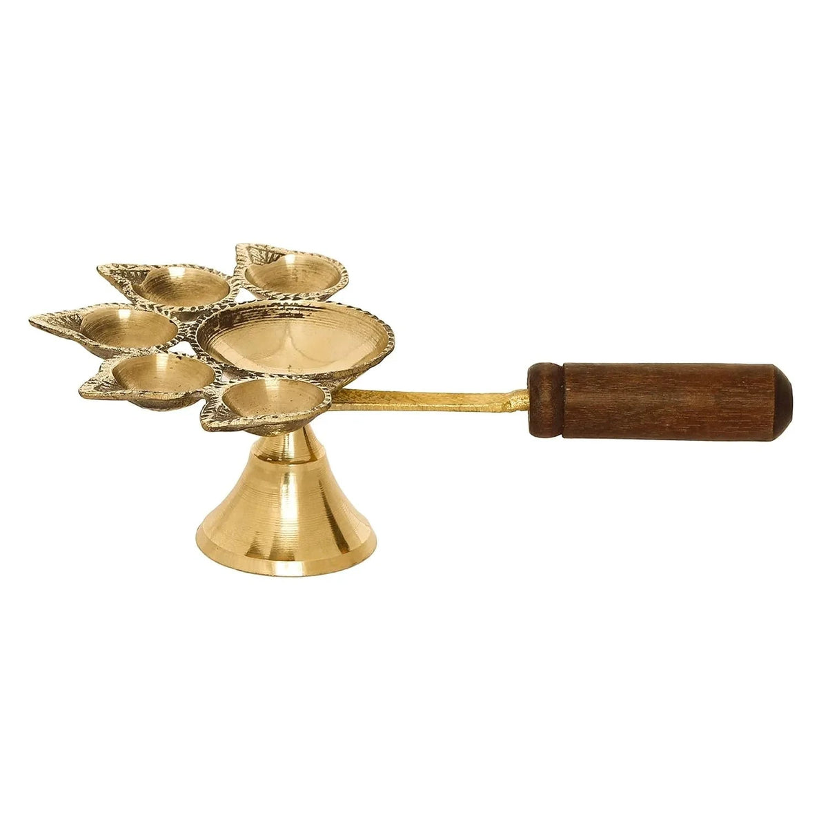 Brass Panchmukhi Aarti Diya with Wooden Handle-ArtyCraftz.com