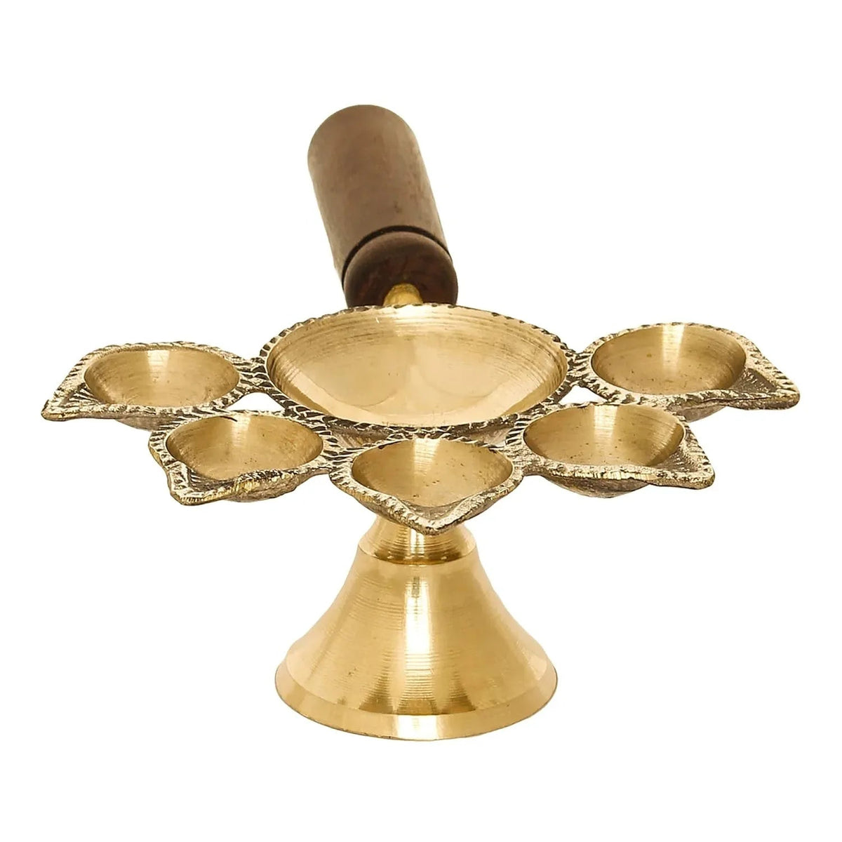 Brass Panchmukhi Aarti Diya with Wooden Handle-ArtyCraftz.com