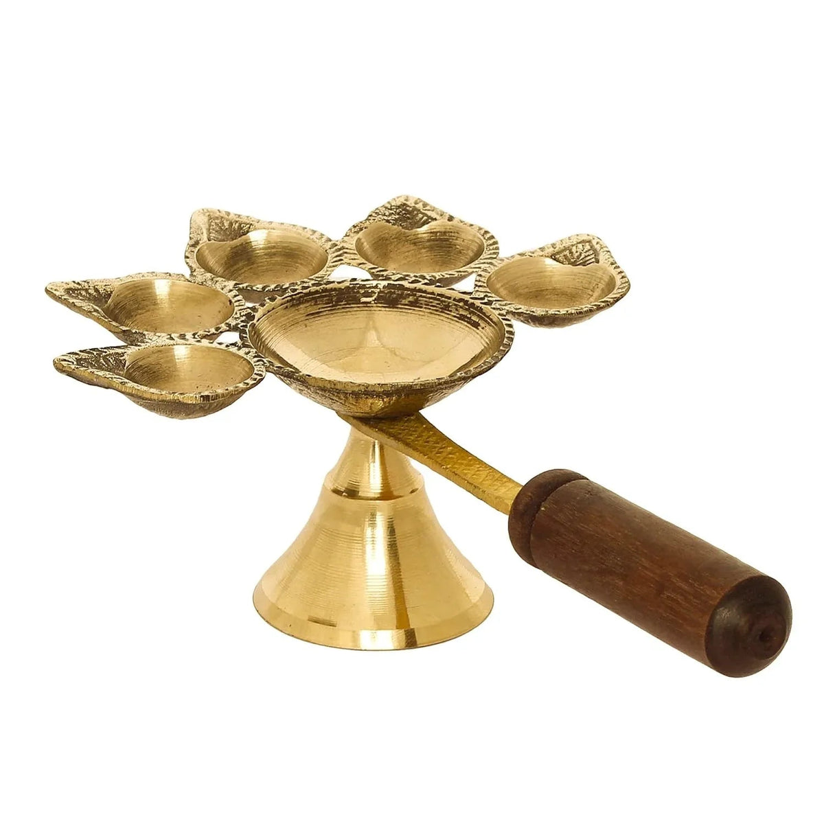 Brass Panchmukhi Aarti Diya with Wooden Handle-ArtyCratz.com
