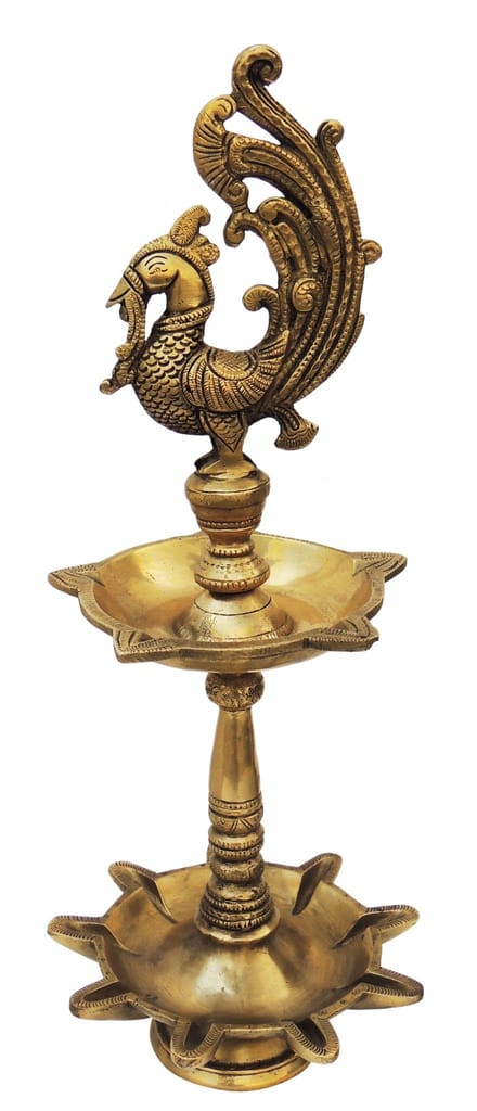 Brass Peacock Diya Lamp 17.5 Inch Traditional Oil Lamp Deepam-ArtyCraftz.com