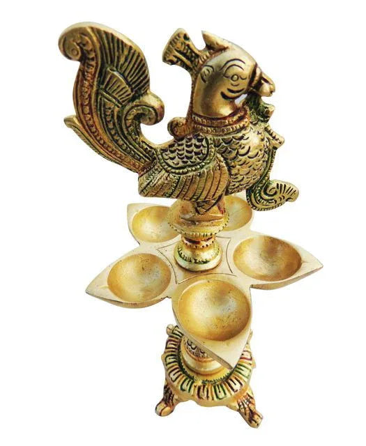 Brass Peacock Oil Lamp of Five Wicks for Décor and Worship Decorative Metal Lamp - ArtyCraftz.com