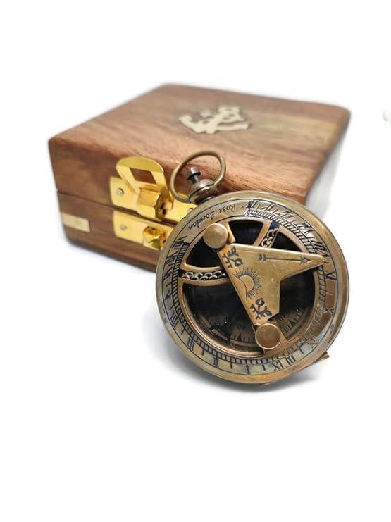 Brass Pocket Magnetic Sun Dial Map Type Compass 2" Brass Polish Antique w/ Push Button Sundial