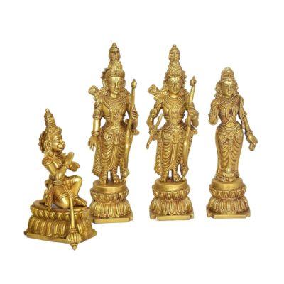 Brass Ram Darbar Idol Set Lord Rama, Sita, Lakshmana & Hanuman Statue In White Background