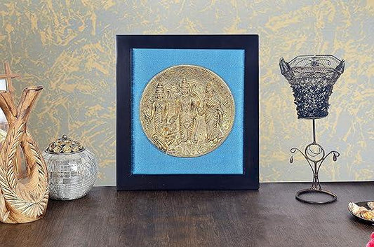 Brass Ram Darbar Plate in Wooden Frame Length 12.5 Inch-ArtyCraftz.com