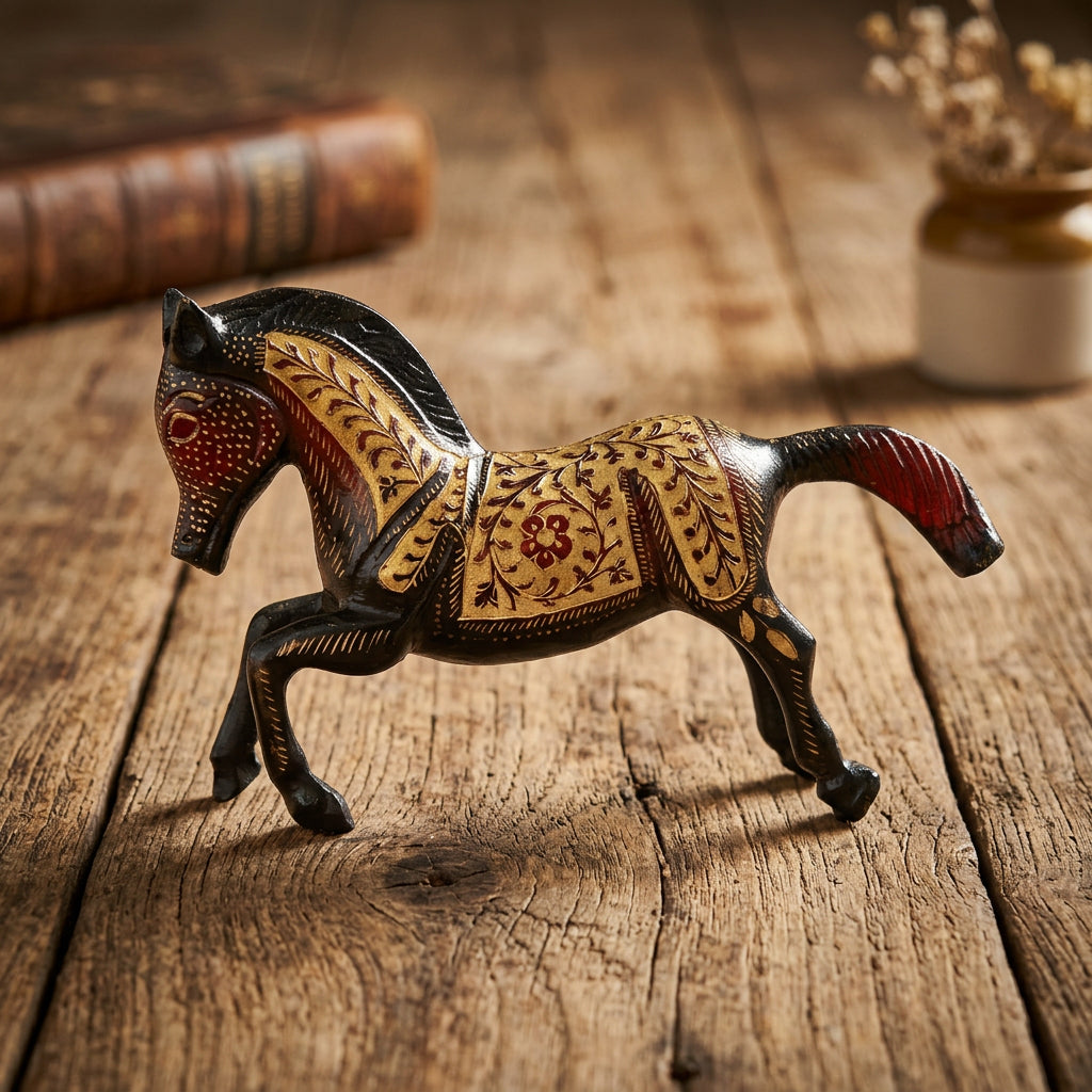 Decorative Horse Statue with Golden Floral Engravings and Dark Finish-artycraftz.com