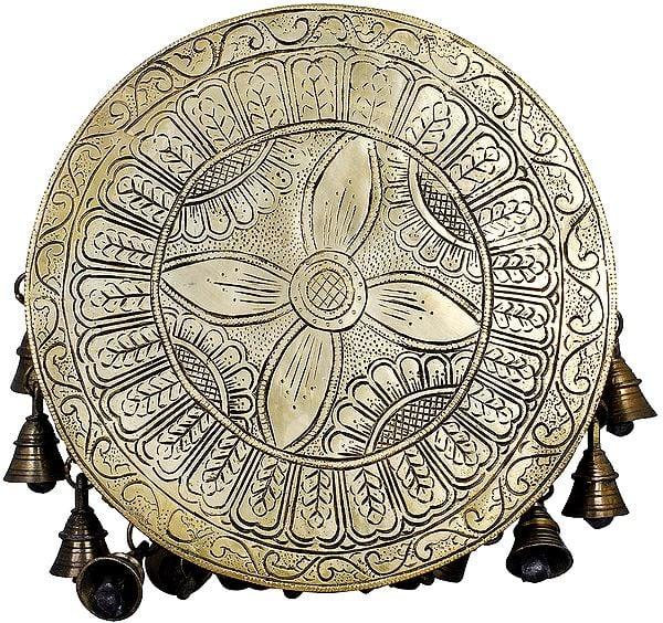 Brass Round Ritual Chowki with Bells 10 Inches-ArtyCraftz.com