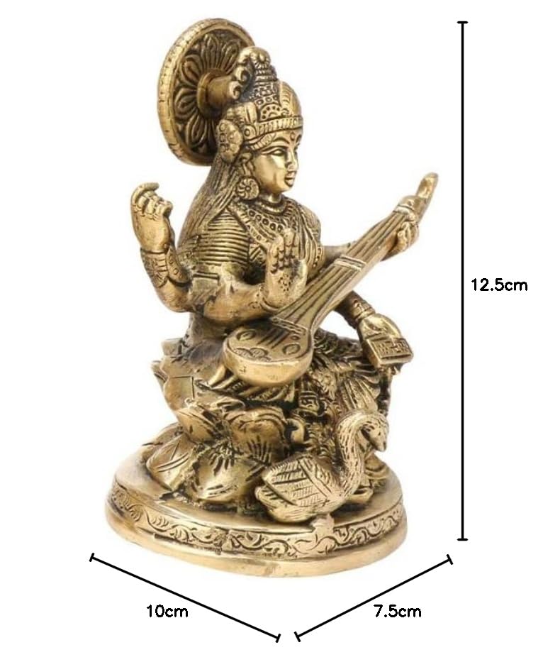 Brass Saraswati With Hamsa and Veena Statue-ArtyCraftz.com