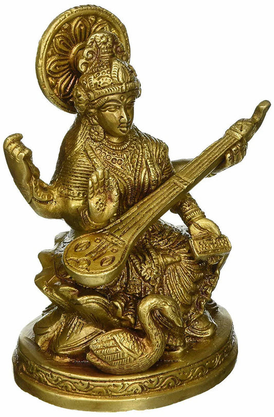 Brass Saraswati With Hamsa and Veena Statue-ArtyCraftz.com