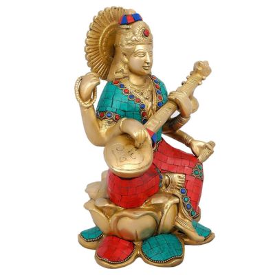 Brass Saraswati Lakshmi and Ganesha on lotus Multicolor Statue-ArtyCraftz.com