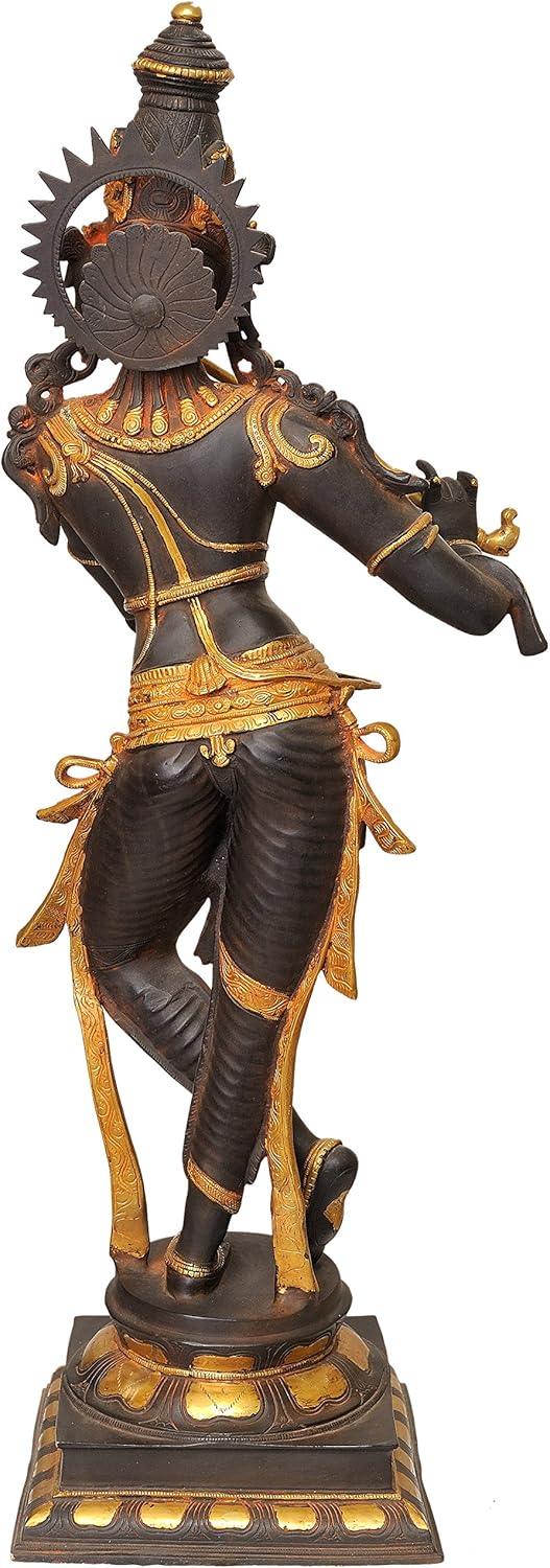 Monumental 36-inch solid brass Krishna idol in Tribhanga pose playing flute — dramatic black and gold two-tone finish with ornate gold jewellery, garland and crown on stepped base — ArtyCraftz