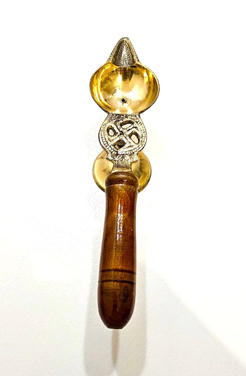Brass Single Aarti Diya with Wooden Handle-ArtyCraftz.com