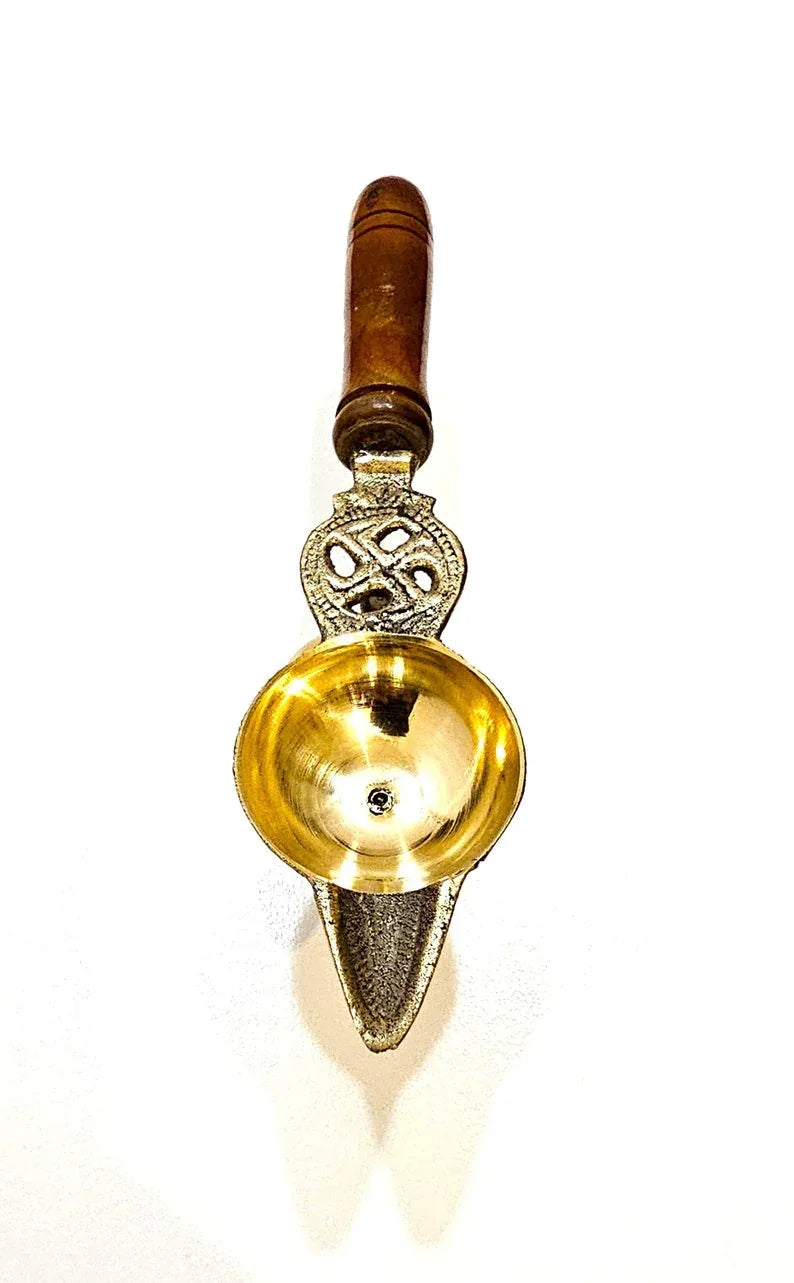 Brass Single Aarti Diya with Wooden Handle-ArtyCraftz.com