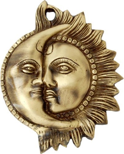 Brass Sun Moon Wall Hanging Face Art 6 Inch Vastu Decor-ArtyCraftz.com