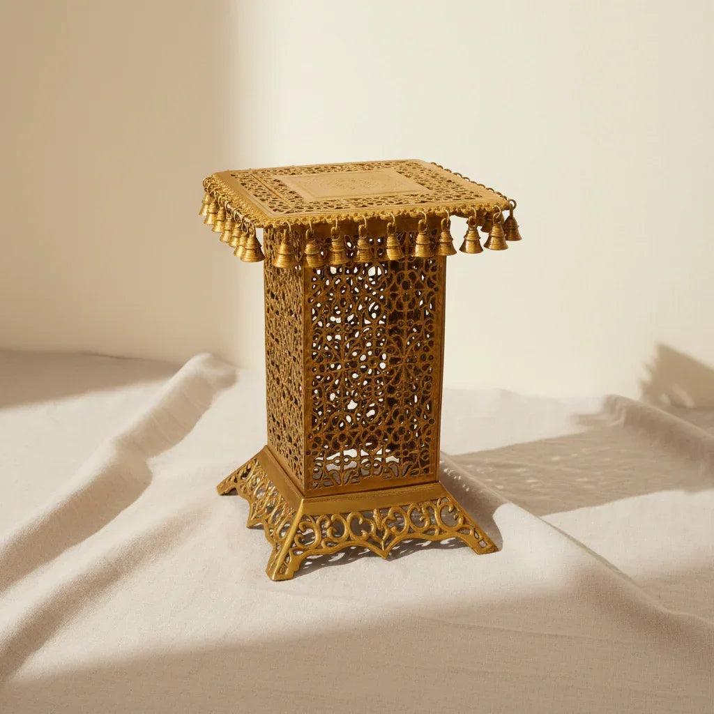 Brass Temple Pooja Chowki with Bells - ArtyCraftz.com