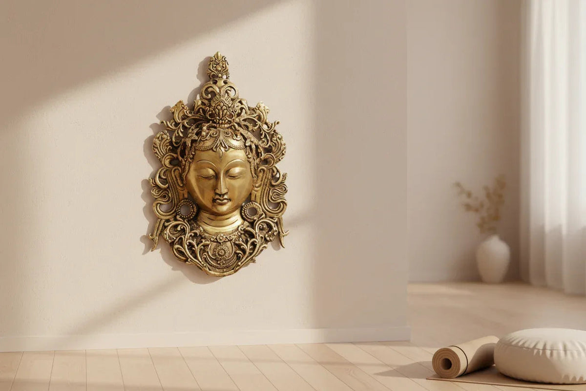 Handcrafted brass Tara wall mask Buddhist spiritual wall decor - ArtyCraftz.com