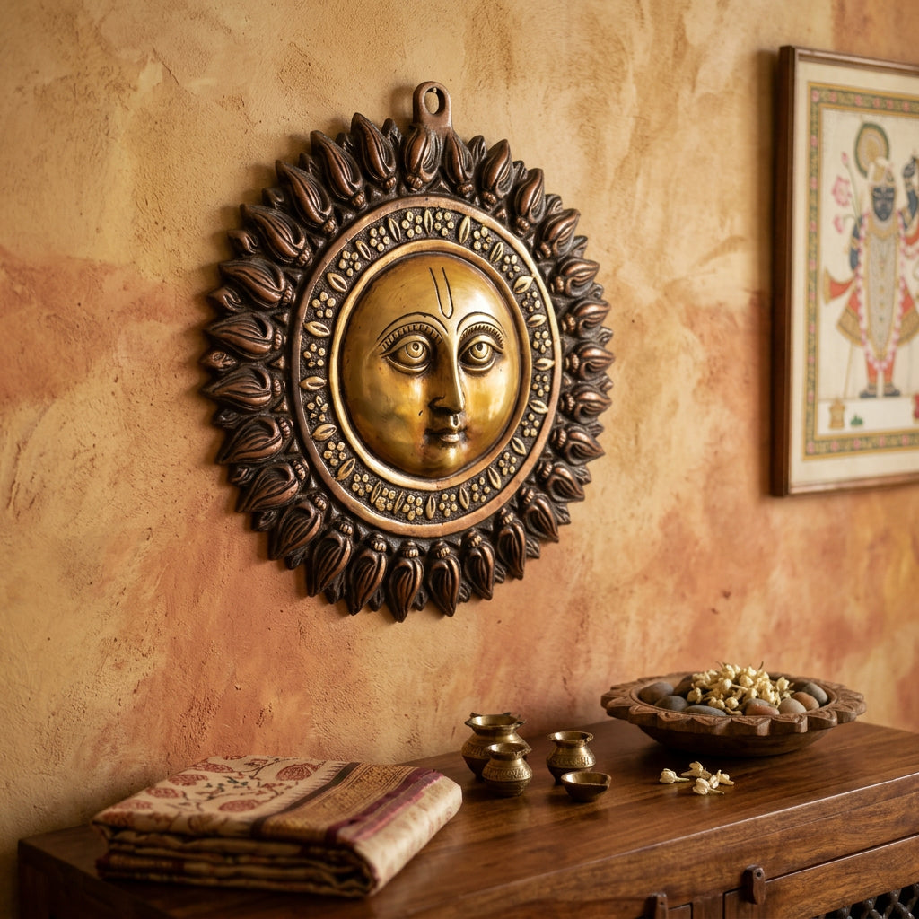 Decorative sun face wall hanging with golden facial details, antique brown finish and intricately sculpted sun rays.-artycraftz.com