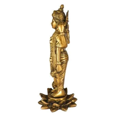 Brass Standing Vishnu Idol 9 Inch Chaturbhuj Narayan Statue with Vaijayanti Garland