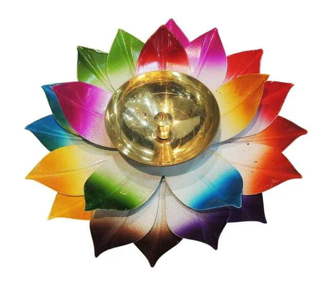 Brass and Metal Lotus Shape Multi Color Akhand Diya - ArtyCraftz.com