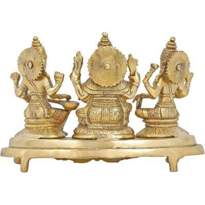 Handcrafted 9-inch solid brass Lakshmi Ganesha Saraswati trio idol set on ornate footed base — three deities together in warm antique gold finish — ArtyCraftz