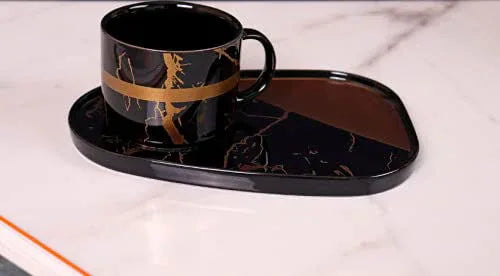 Breakfast Snacks Coffee Cup and Saucer Set, Tea Porcelain Mug with Triangular Tray (Black with Gold Inlay) - ArtyCraftz.com