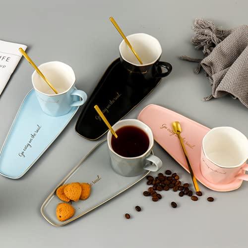 Modern ceramic coffee mug with matching long serving tray and gold spoon set, minimalist tea cup set ideal for coffee-artycraftz.com