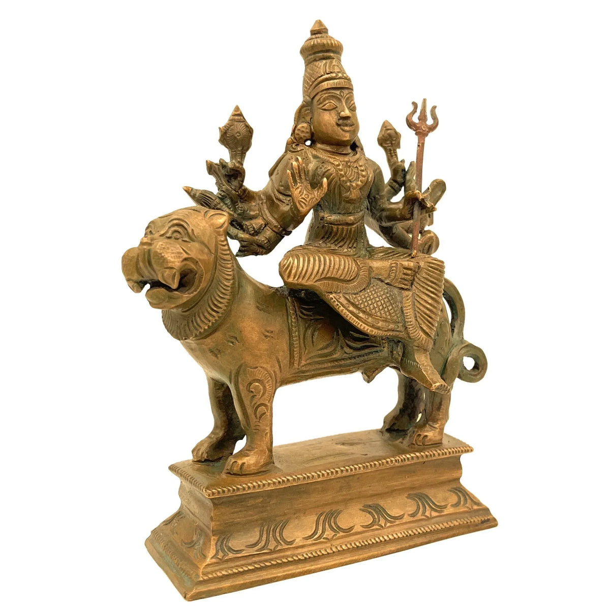 Brass Goddess Durga idol seated on lion-artycraftz.com