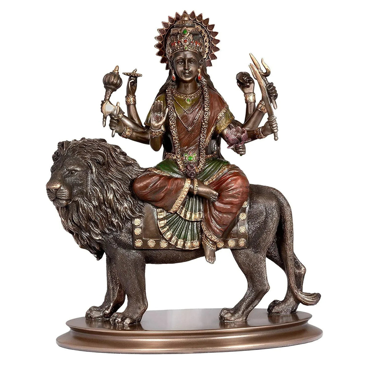 Bronze Durga Sitting On Lion Height 10 Inches - ArtyCraftz.com