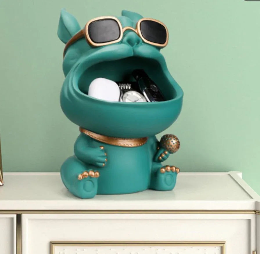 Bulldog Figurine Animal Statue Big Mouth Storage Box Dark Green Color 12 Inches - ArtyCraftz.com