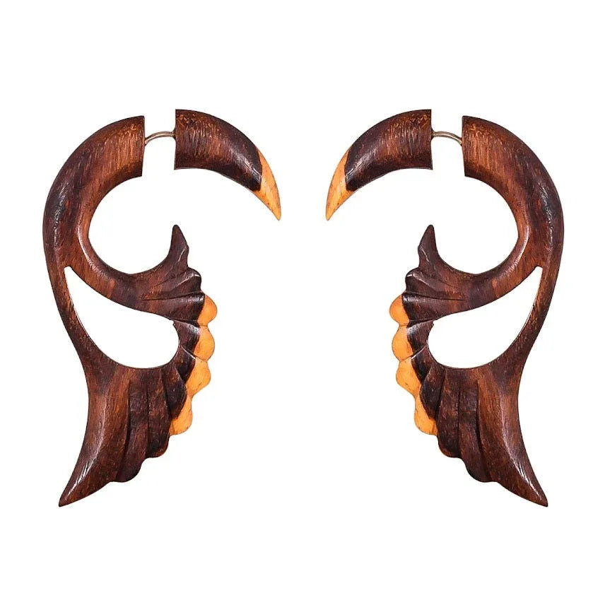 Carved Angel Wing Fake Gauges Wooden Earrings 2.6" - ArtyCraftz.com