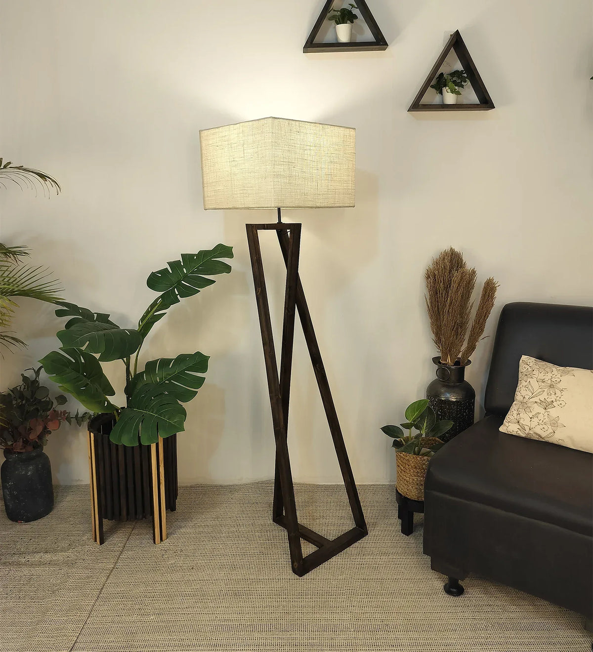 Catapult Wooden Floor Lamp with Brown Base and Beige Fabric Lampshade - ArtyCraftz.com