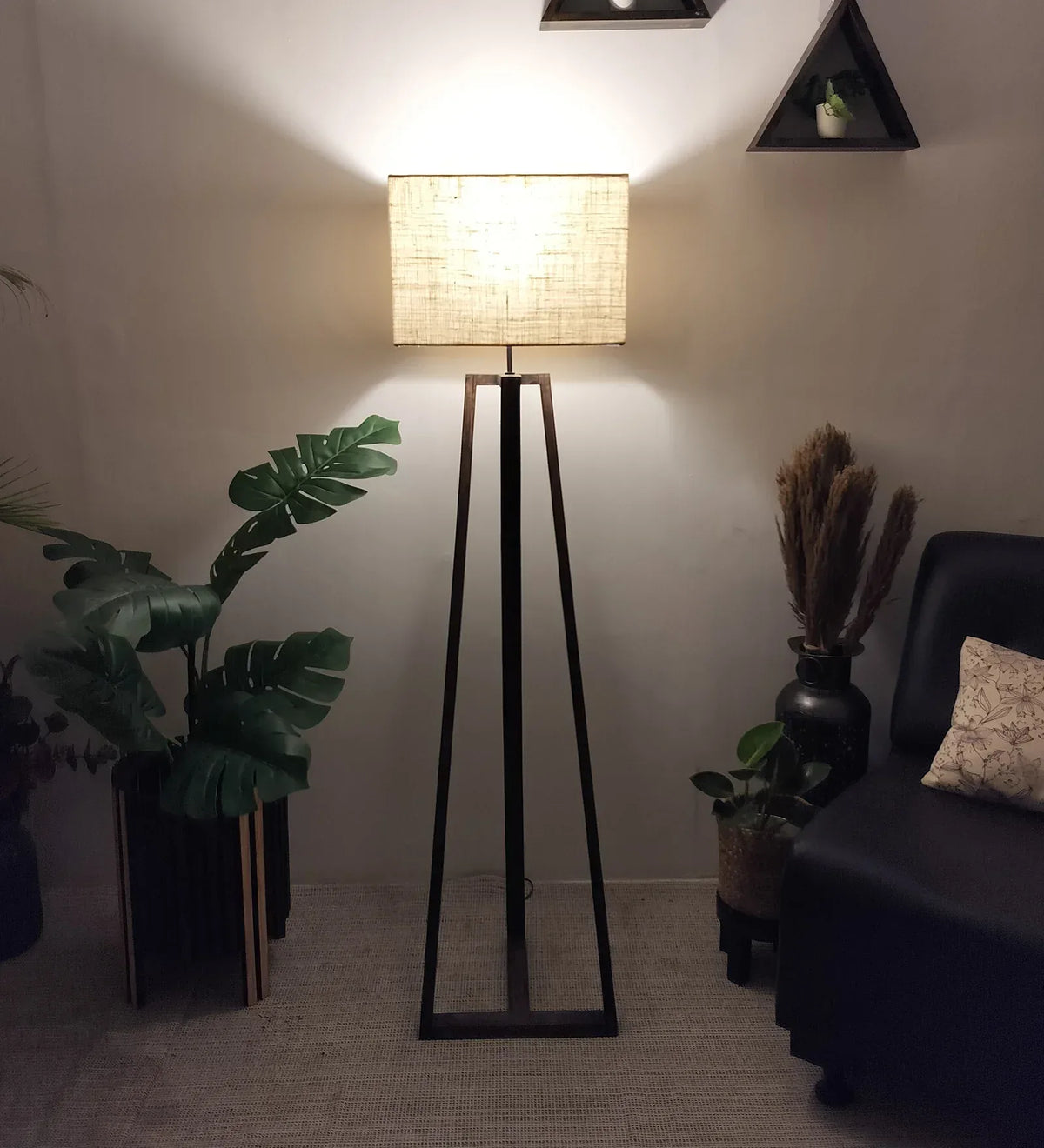 Catapult Wooden Floor Lamp with Brown Base and Beige Fabric Lampshade - ArtyCraftz.com