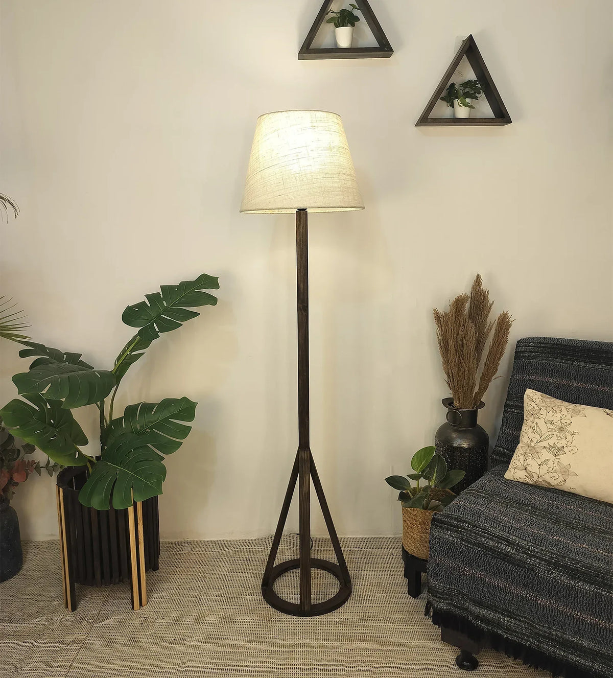 Celine Wooden Floor Lamp with Brown Base and Premium Beige Fabric Lampshade - ArtyCraftz.com