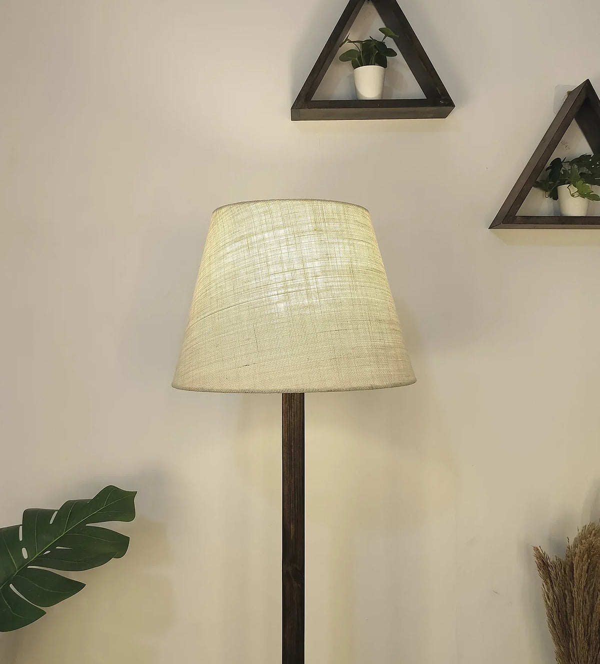Celine Wooden Floor Lamp with Brown Base and Premium Beige Fabric Lampshade - ArtyCraftz.com
