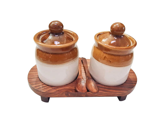 Ceramic Pickle Jars with lid for dining table with 2 Spoons Classic Design-ArtyCraftz.com