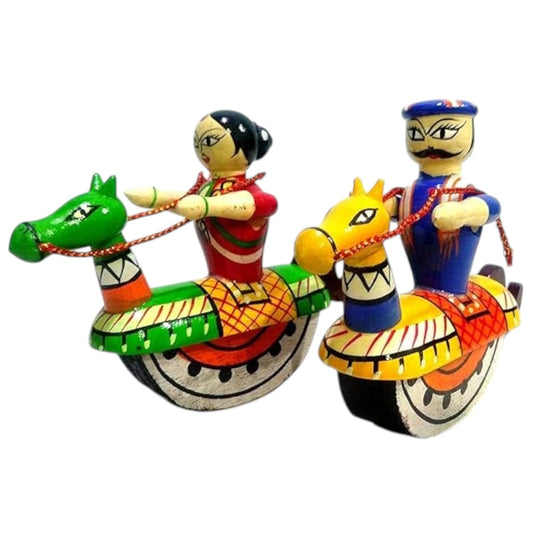 Channapatna GI Tagged Wooden Couple Dolls on Rocking Horse - Natural Dye Lacware Figurines India