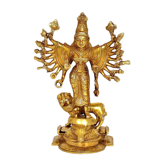 Chola Style Brass Durga Devi Statue with Lion-ArtyCraftz.com